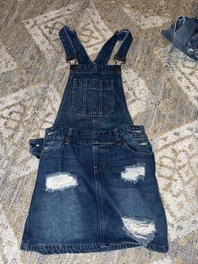 Dark Blue Distressed Denim Overall Dress